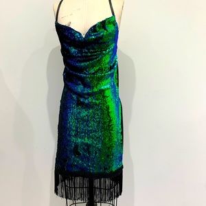 Green Black Sequin Mini Flapper Mermaid Dress